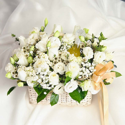 Pure and Beautiful Love - Flower Basket with Scented Water (ตระกร้าดอกไม้ พร้อมขวดน้ำอบไทย) - BestBloomBuddy