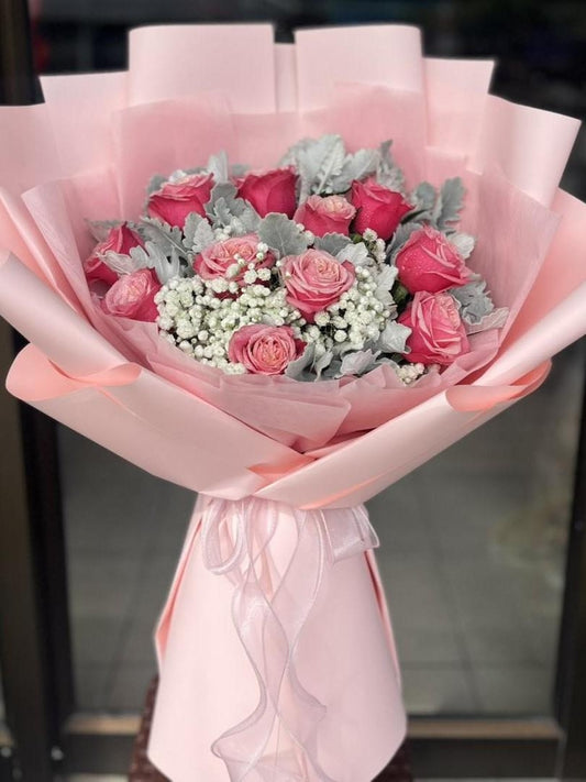 Pure Romance - 10 Pink Roses Bouquet - BestBloomBuddy