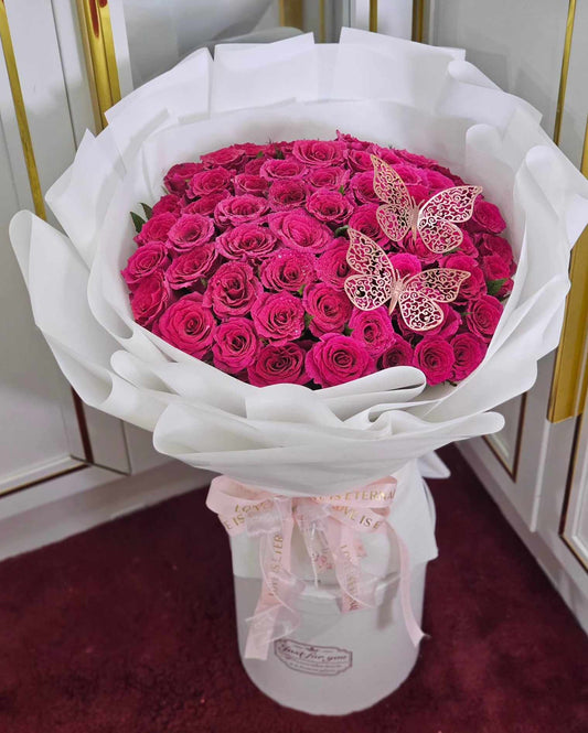 Butterfly Luxe “Pink Spark” – 50 Hot Pink Roses Bouquet