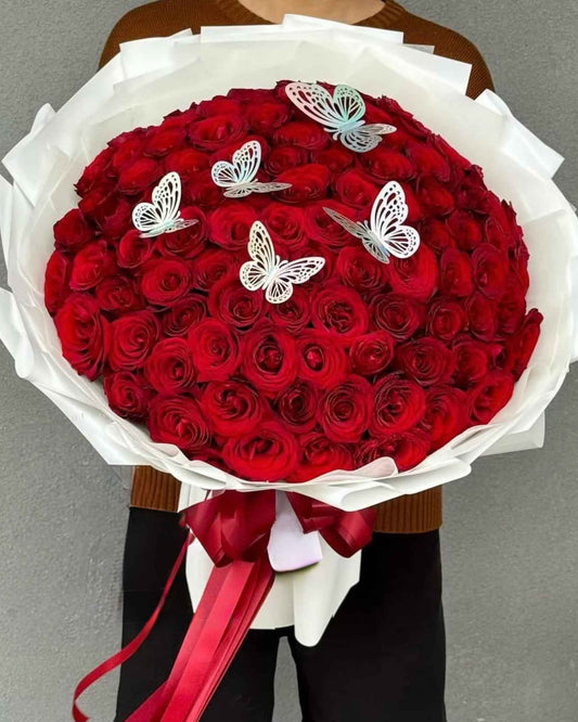 Butterfly Luxe “Scarlet Reverie” – 50 Red Roses Bouquet