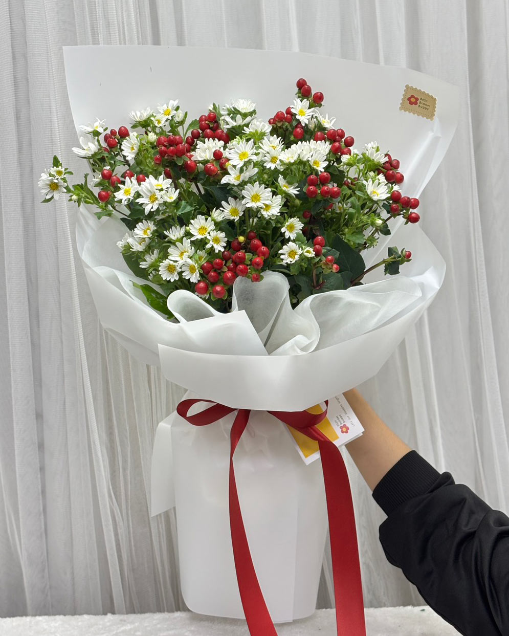 Merry Moment – White Hana & Red Hypericum Berry Bouquet