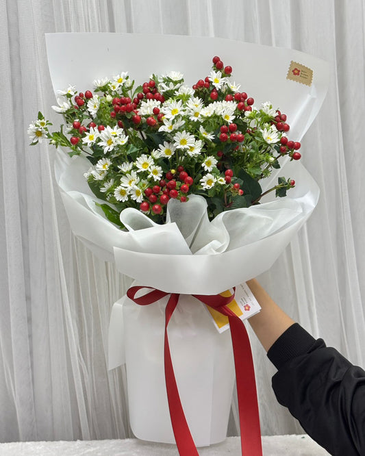Merry Moment – White Hana & Red Hypericum Berry Bouquet