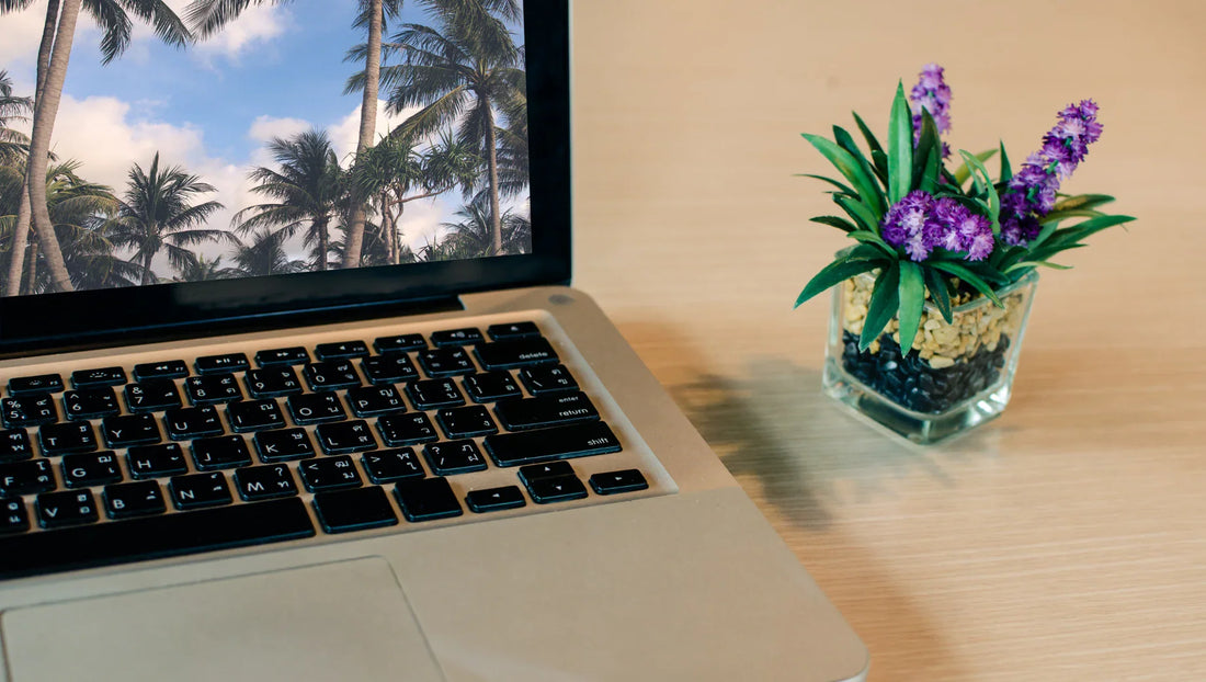 Laptop with palm tree wallpaper and small glass pot with purple flowers on wooden desk