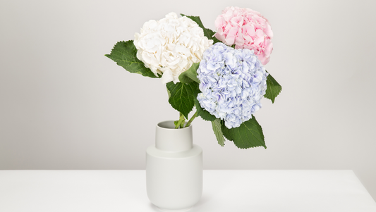 White vase with white, pink, and light blue hydrangea flowers on white table