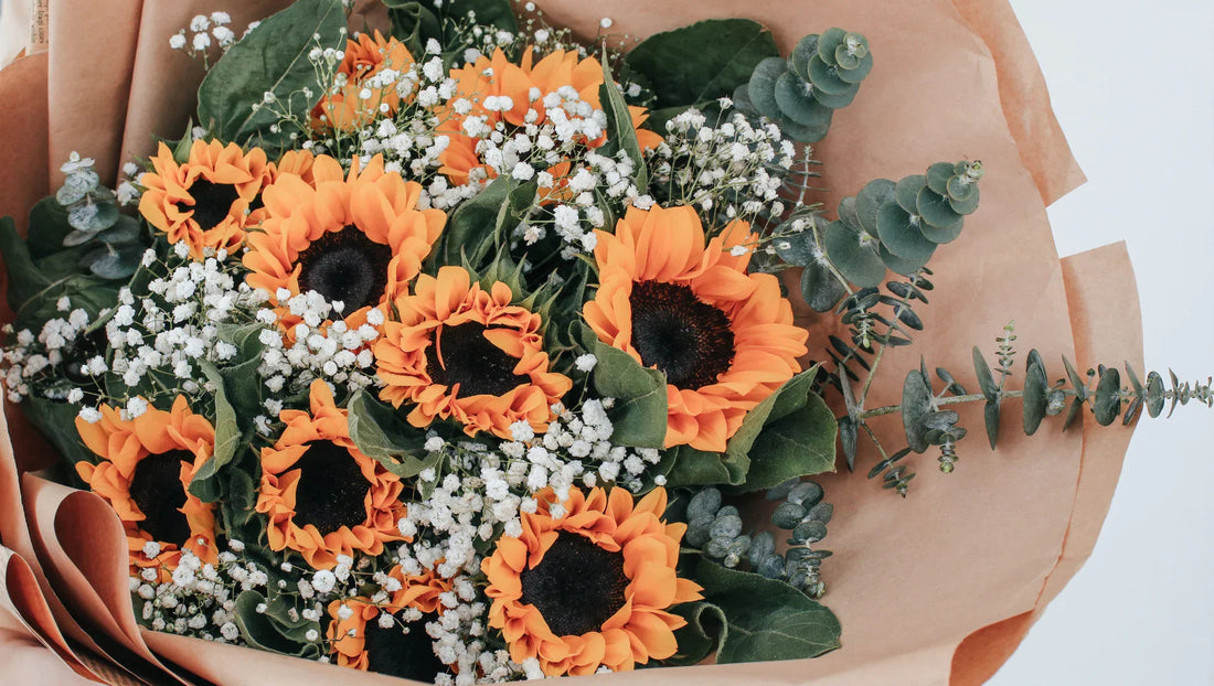 Bouquet of bright orange sunflowers with white baby's breath and eucalyptus wrapped in brown kraft paper