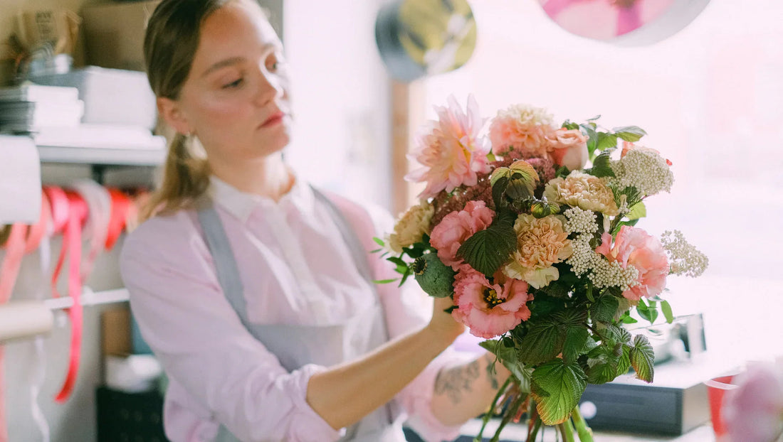 Florist woman arranging a bouquet of pink and cream flowers in a bright flower shop