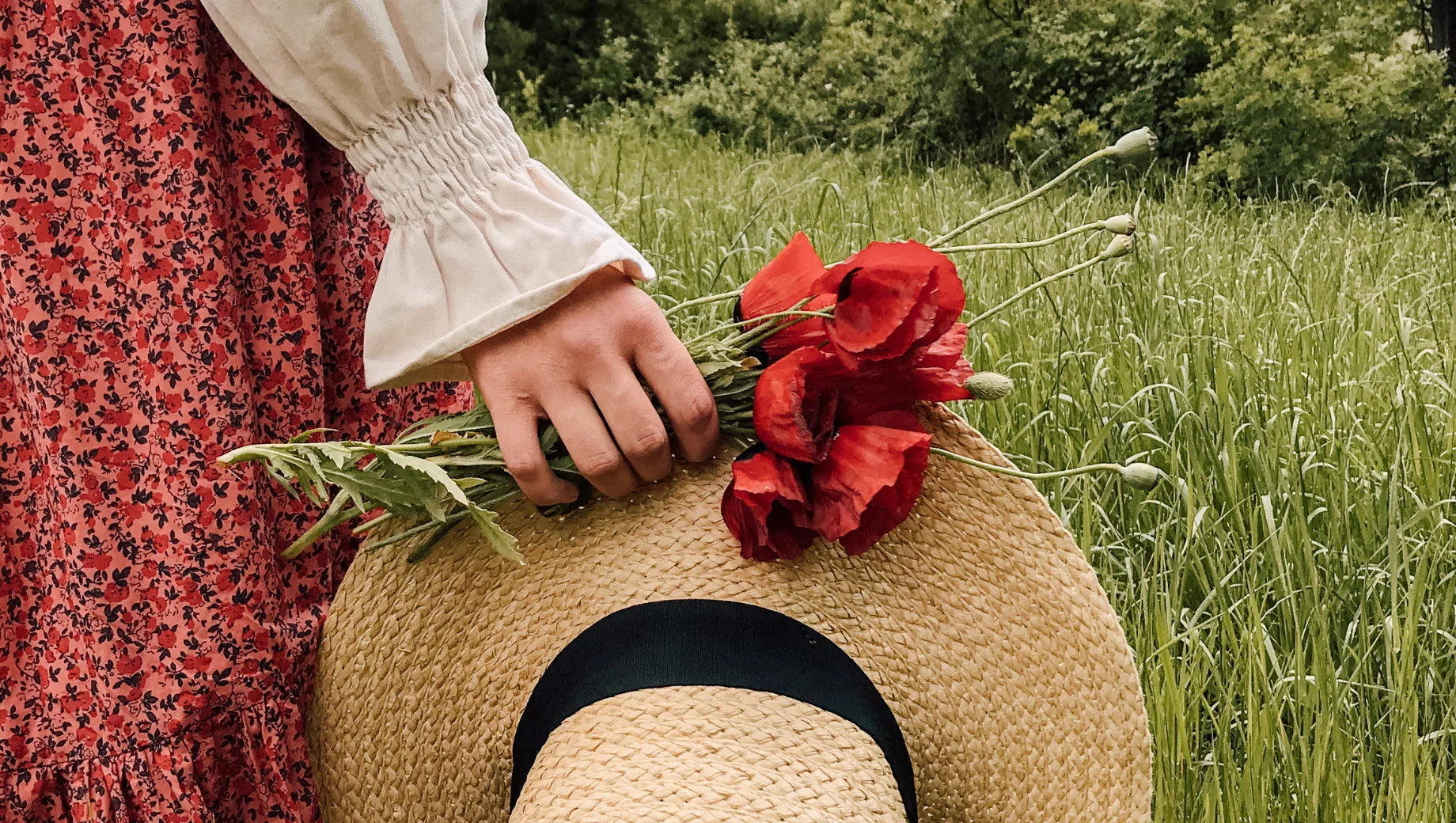 Hand holding red poppy flowers and straw hat with black ribbon in grassy field