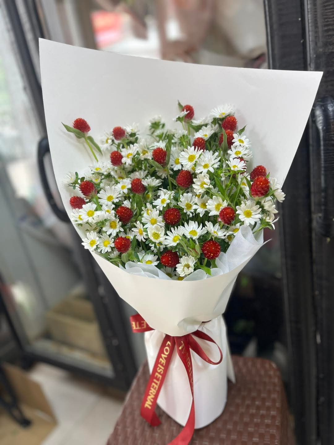 Endless Smile – White Hana & Red Gomphrena Bouquet - BestBloomBuddy
