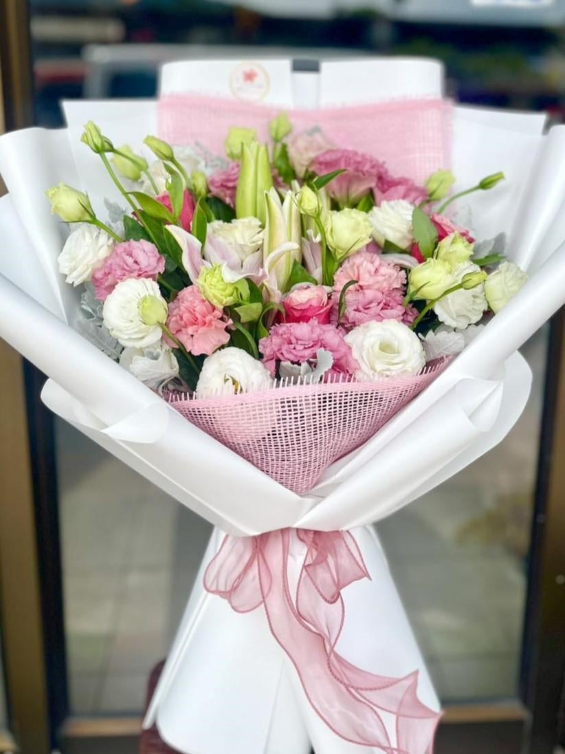 Pastel Grace - Lilies, Carnations and Lisianthus Bouquet - BestBloomBuddy