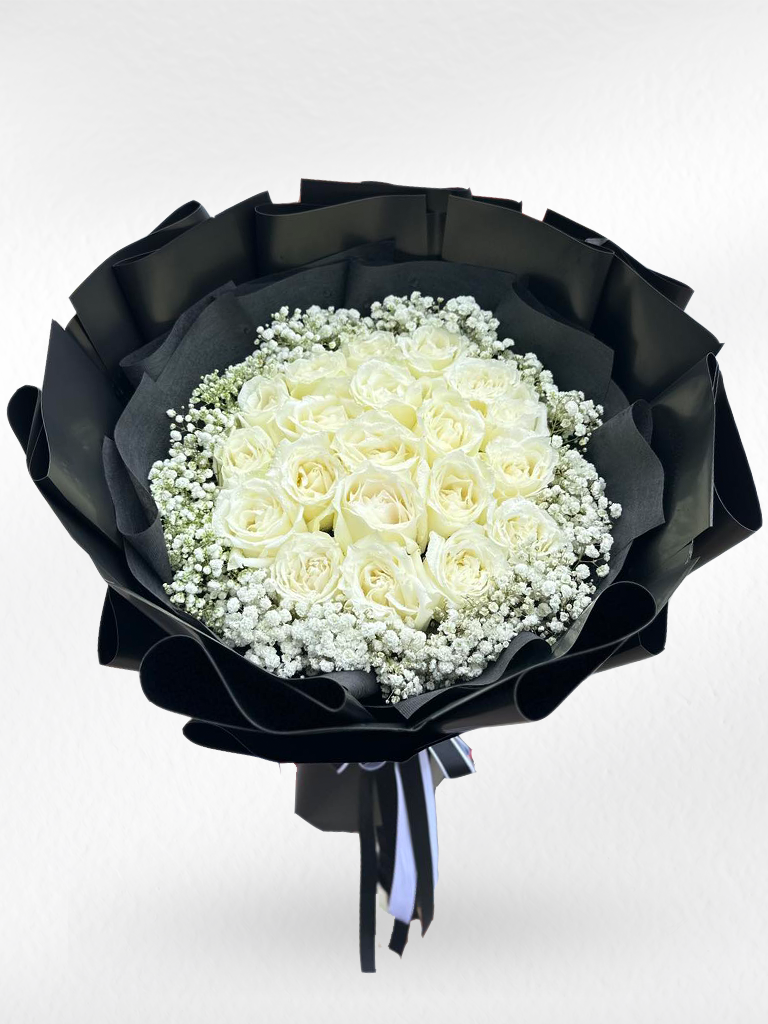 Moon & Shadow — 20 White Roses With Baby's Breath Bouquet