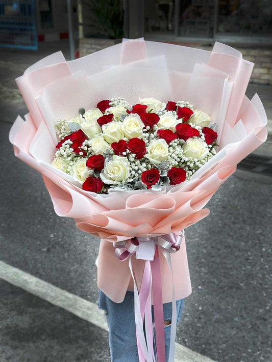 Snow-Kissed Passion - Mixed Rose Bouquet