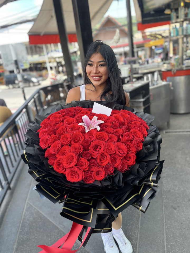 Heart of Passion – 100 Red Roses Heart Bouquet with Pink Lily - BestBloomBuddy