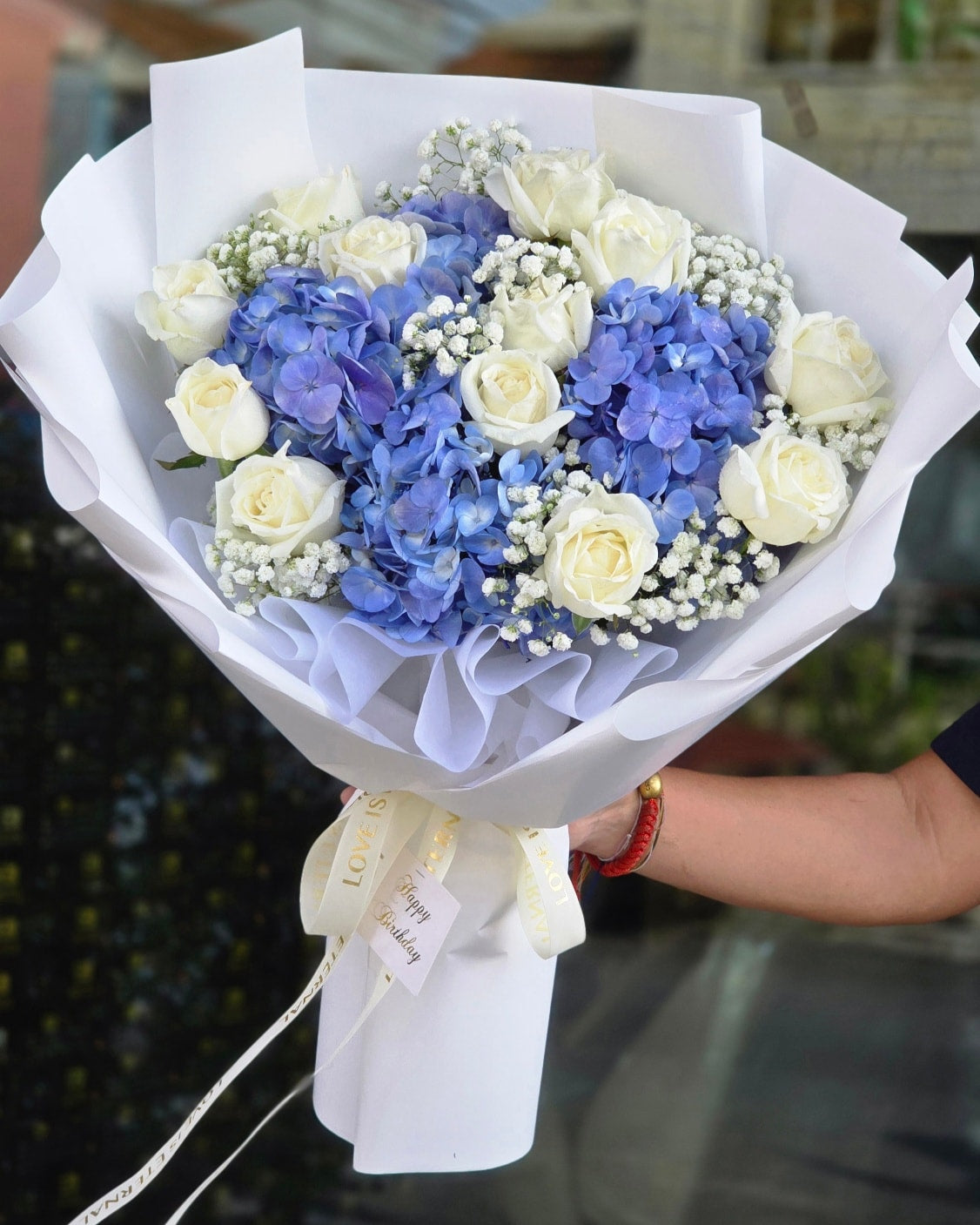 Fragrance of Love – Blue Hydrangea & White Roses Bouquet - BestBloomBuddy