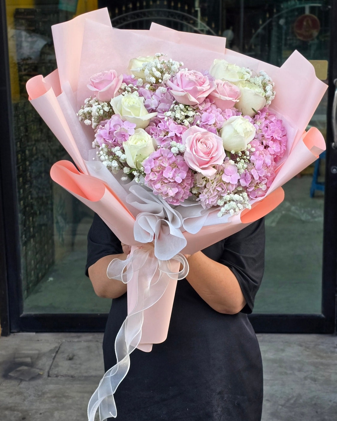 Fragrance of Love – Pink Hydrangea & White Roses Bouquet - BestBloomBuddy