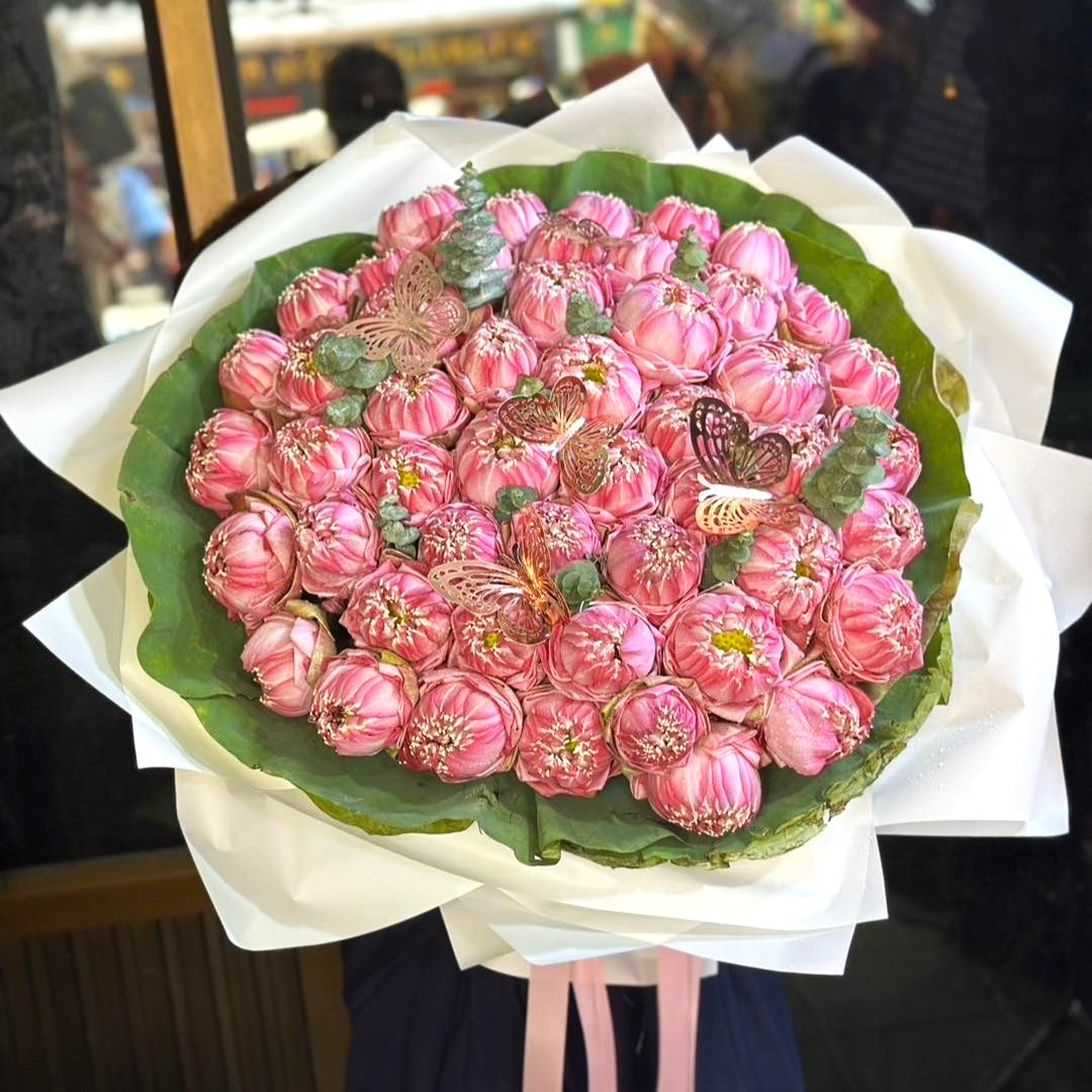 Fluttering Grace – 50 Pink Lotus Bouquet - BestBloomBuddy