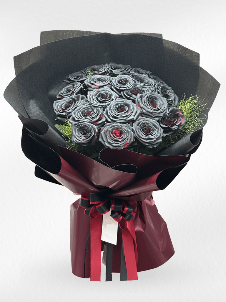 Black rose bouquet featuring 20 crimson eclipse roses by BestBloomBuddy, arranged in a lush, elegant floral display.