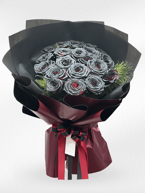 Black rose bouquet featuring 20 crimson eclipse roses by BestBloomBuddy, arranged in a lush, elegant floral display.
