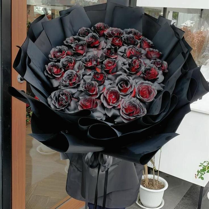 Black rose bouquet featuring 30 deep black roses from BestBloomBuddy, arranged elegantly for a striking floral display.