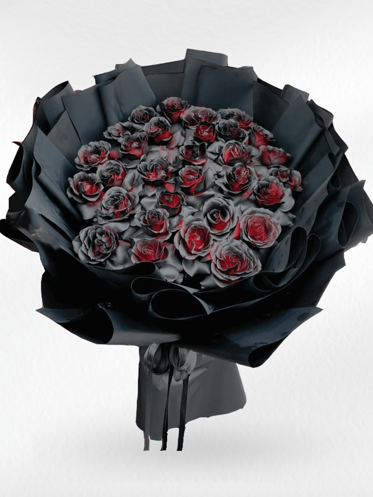 Black roses bouquet featuring 30 dark-colored roses from BestBloomBuddy, arranged in a lush, elegant floral display