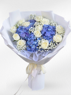 Fragrance of Love – Blue Hydrangea & White Roses Bouquet - BestBloomBuddy