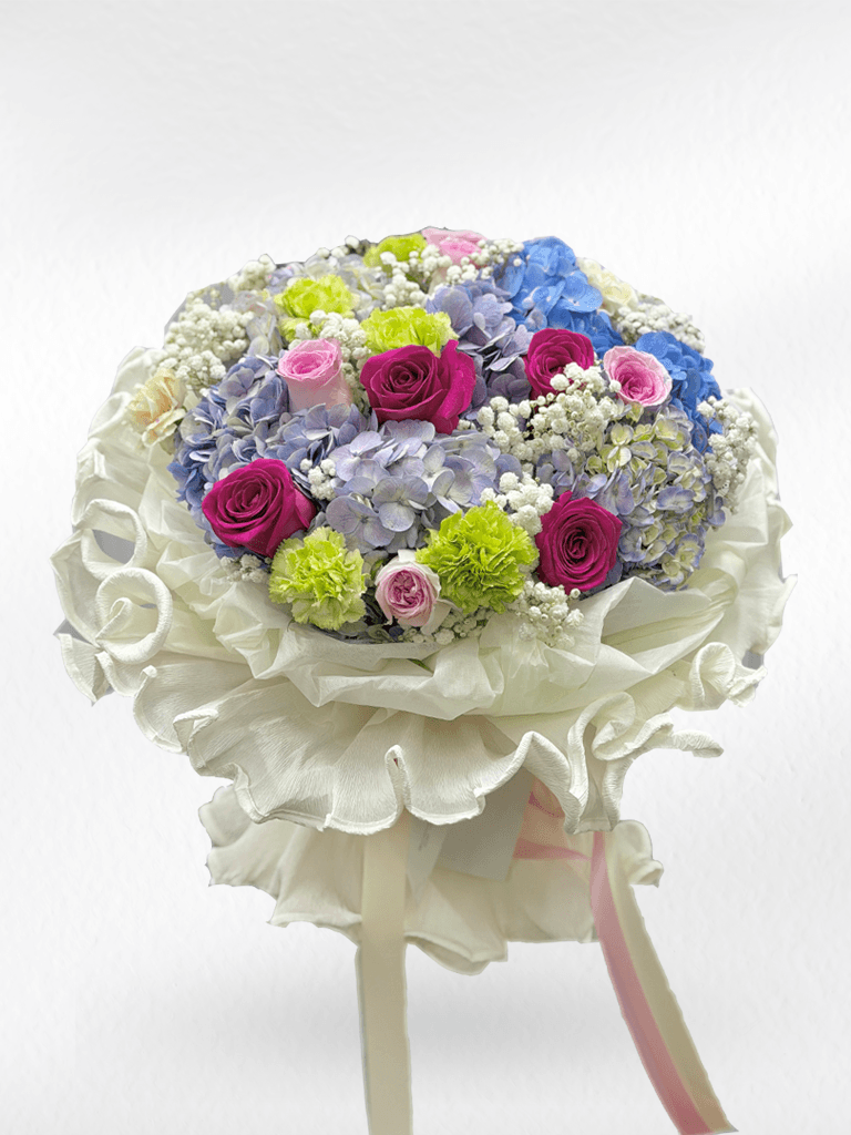 Mixed flower bouquet featuring hydrangeas and roses from BestBloomBuddy, showcasing vibrant, fresh blooms in a charming arrangement.