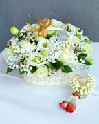 Pure and Beautiful Love - Flower Basket with Scented Water (ตระกร้าดอกไม้ พร้อมขวดน้ำอบไทย) - BestBloomBuddy