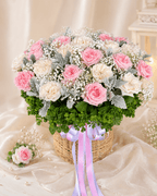Pinkandwhiterosesinbasket - BestBloomBuddy
