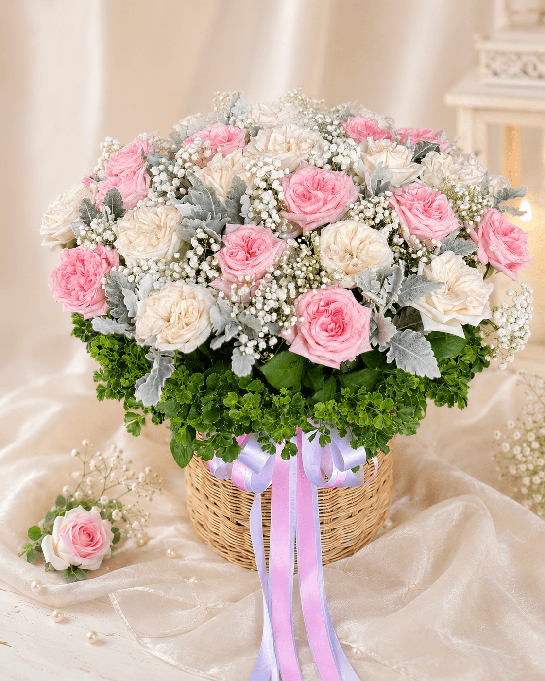 Pinkandwhiterosesinbasket - BestBloomBuddy