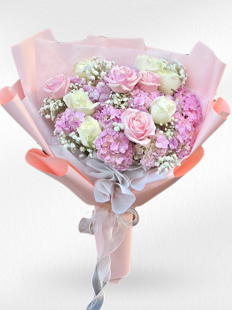 Fragrance of Love – Pink Hydrangea & White Roses Bouquet - BestBloomBuddy