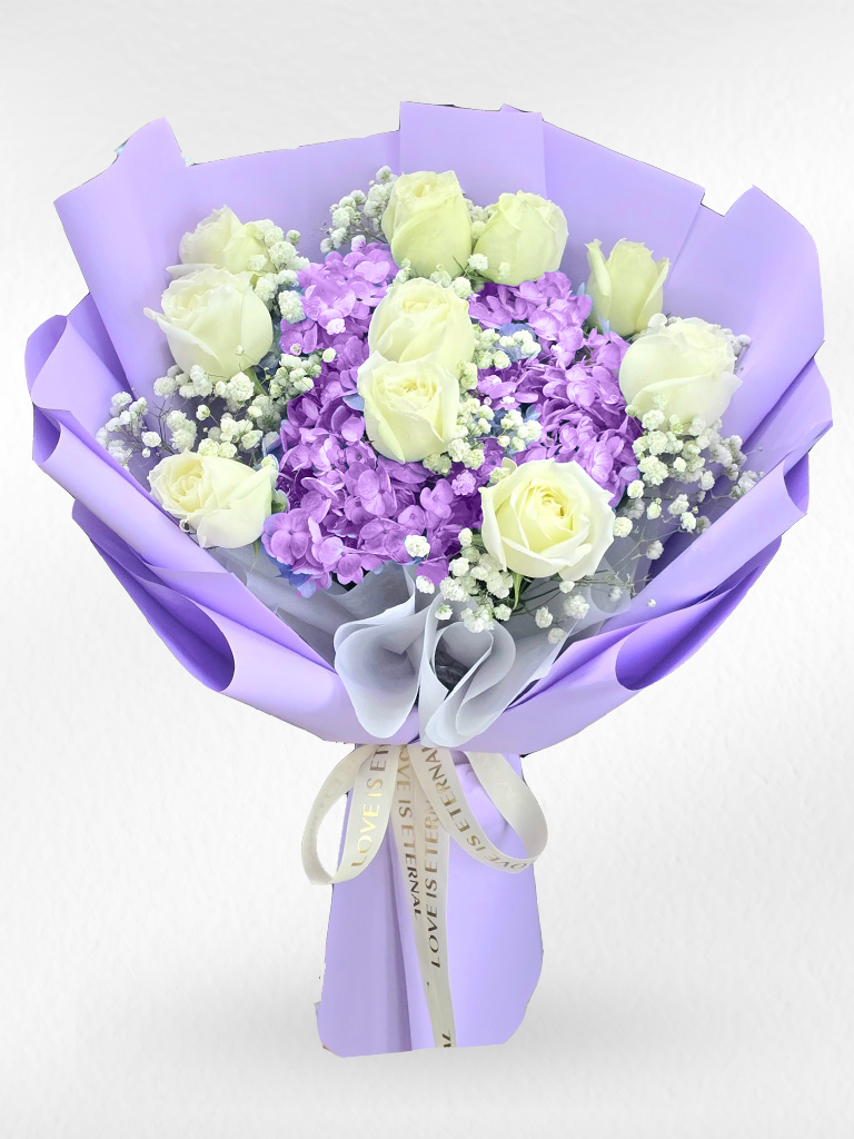 Fragrance of Love – Purple Hydrangea & White Roses Bouquet - BestBloomBuddy
