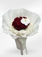 Crown of Love – 20 Red Roses & White Orchid Bouquet