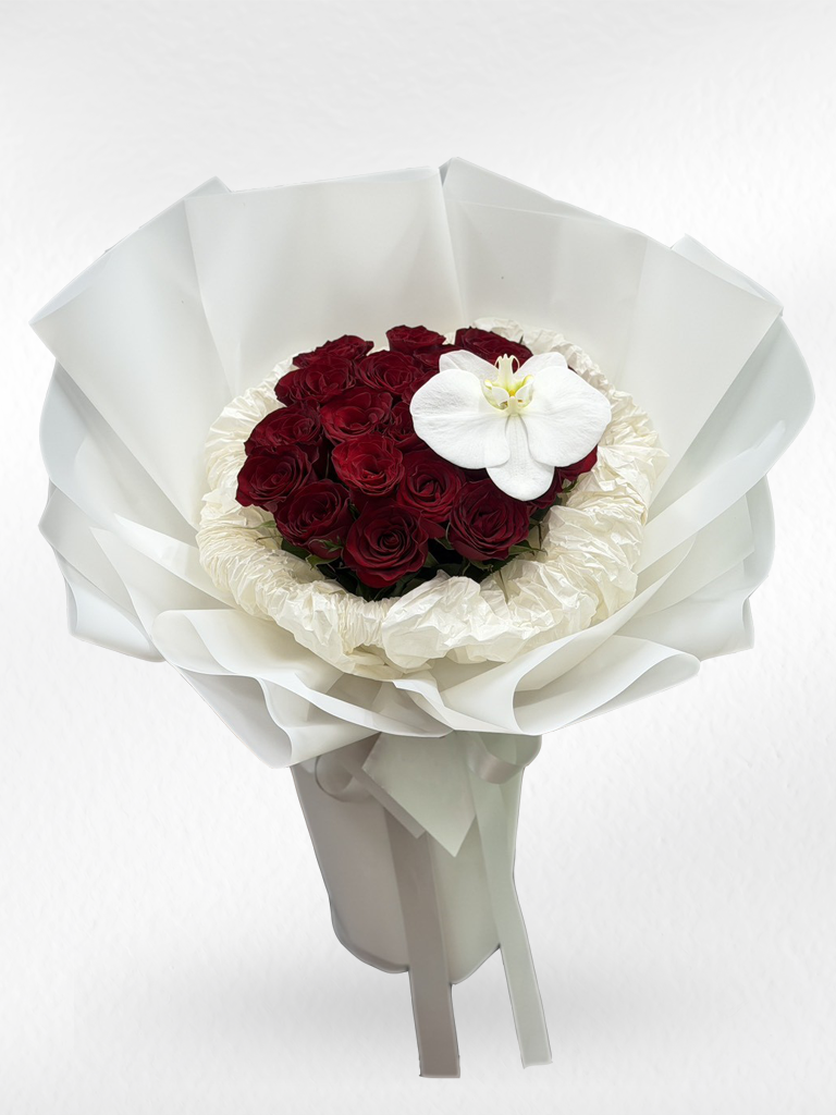 Crown of Love – 20 Red Roses & White Orchid Bouquet