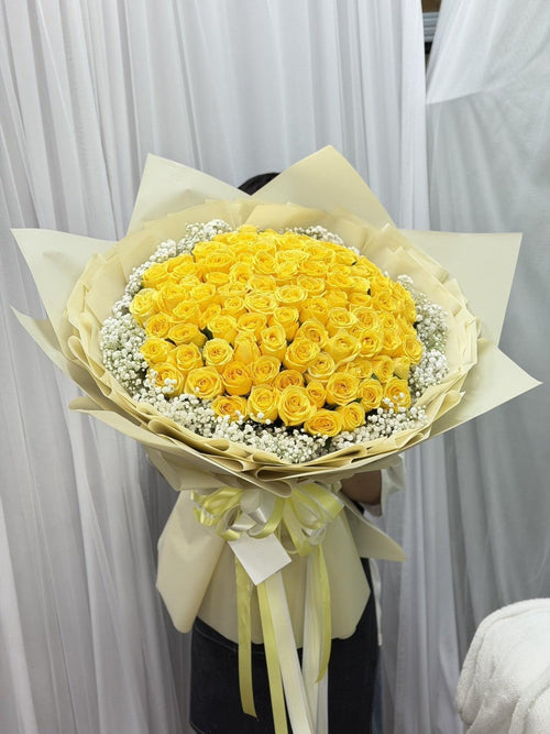 Fresh Aurora Romance yellow roses bouquet by BestBloomBuddy, showcasing vibrant, fully bloomed roses arranged in a beautiful bouquet.
