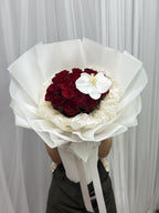 Crown of Love – 20 Red Roses & White Orchid Bouquet