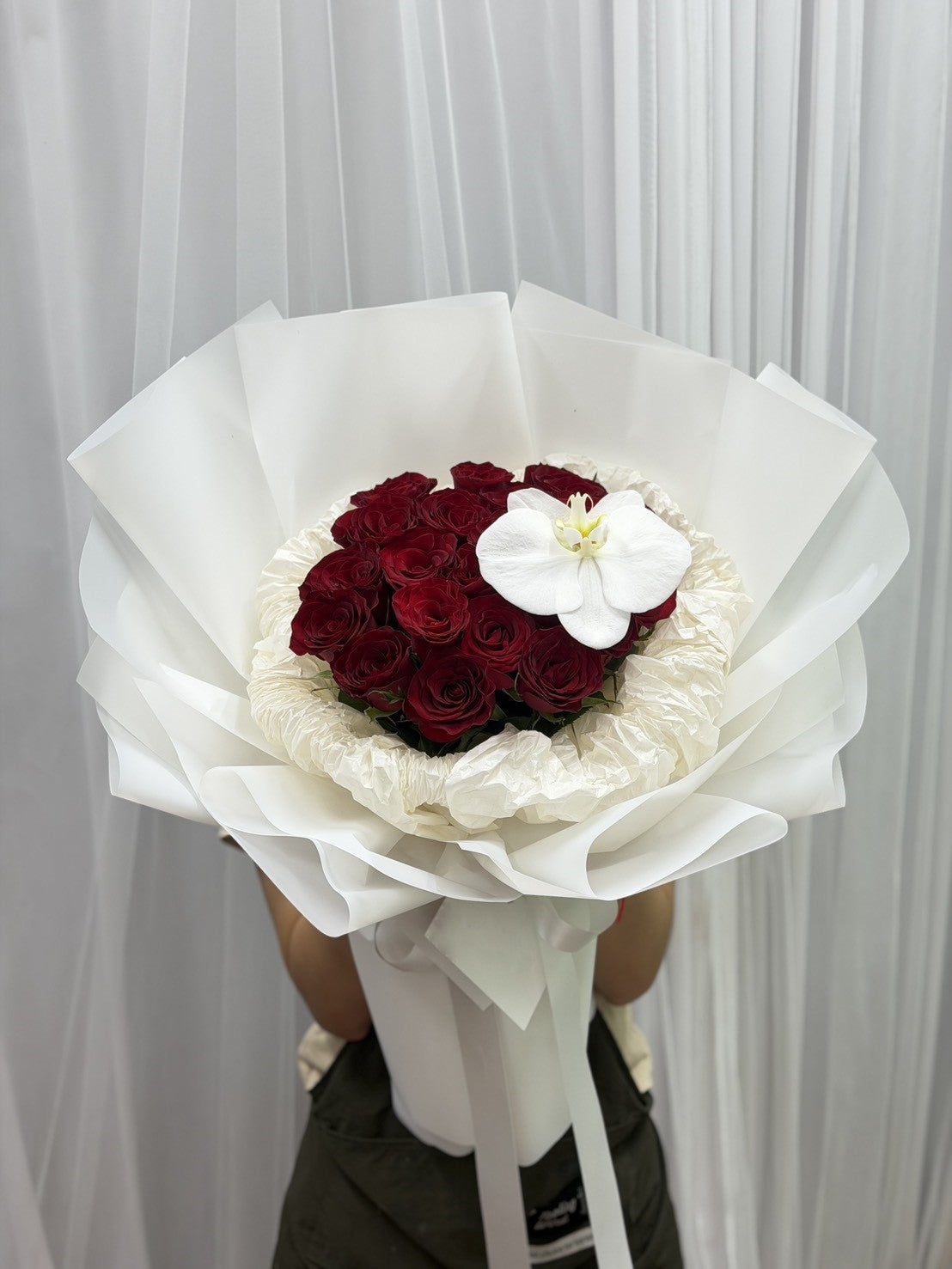 Crown of Love – 20 Red Roses & White Orchid Bouquet