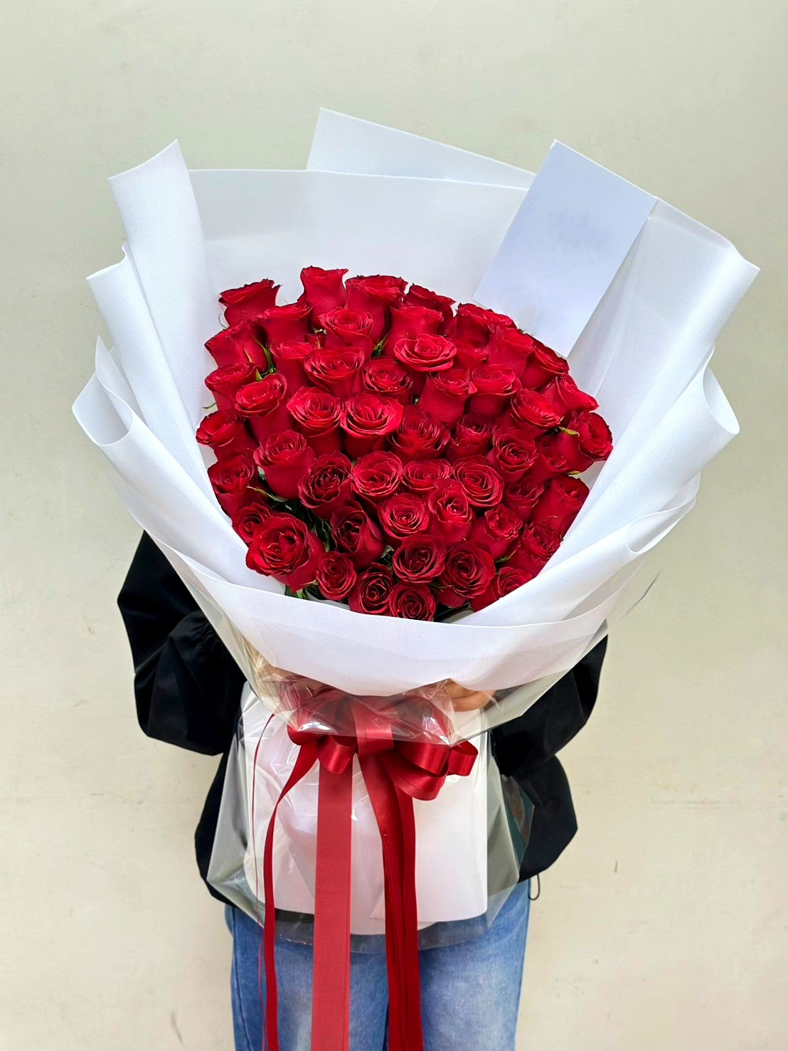 Promise of Love (White Wrap) – 50 Red Roses Bouquet - BestBloomBuddy