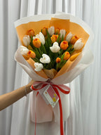 Sweet Solstice – 20 Orange and White Tulips Bouquet