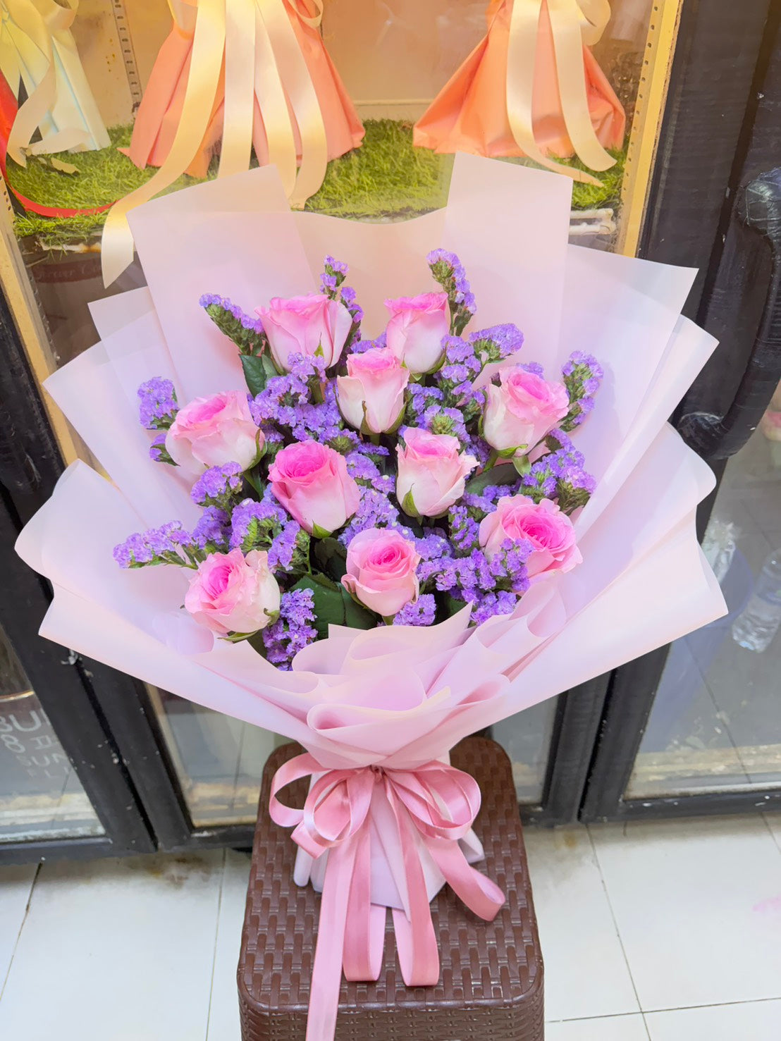 Rosie Crush — Pink Roses & Purple Statice Bouquet