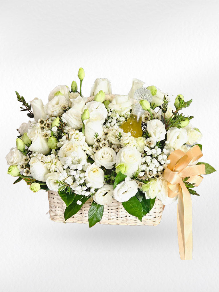 Pure and Beautiful Love - Flower Basket with Scented Water (ตระกร้าดอกไม้ พร้อมขวดน้ำอบไทย) - BestBloomBuddy