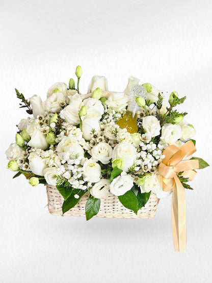 Peaceful Petals - Flower Basket with Scented Water (ตระกร้าดอกไม้ พร้อมขวดน้ำอบไทย)