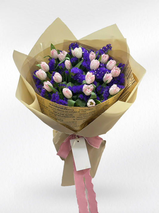 Vintage Beauty – 20 Pink Tulip with Purple Statice Bouquet
