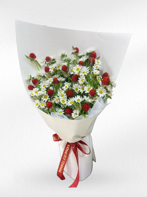 Endless Smile – White Hana & Red Gomphrena Bouquet - BestBloomBuddy