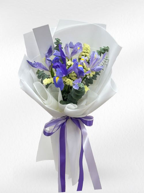 Eternal Bloom – Purple Iris & Yellow Statice Bouquet - BestBloomBuddy