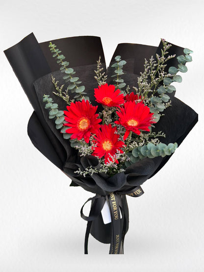 Festive Joy – 5 Red Gerbera Bouquet - BestBloomBuddy