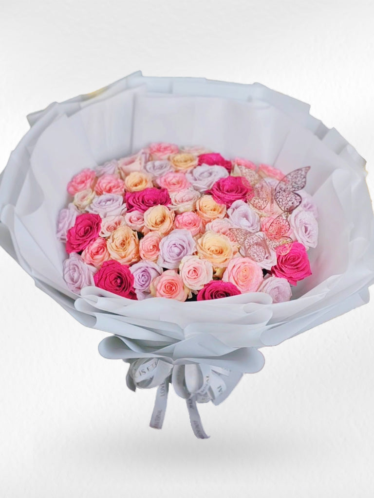 Butterfly Luxe “Pastel Whisper” – 50 Mixed Pastel Roses Bouquet - BestBloomBuddy
