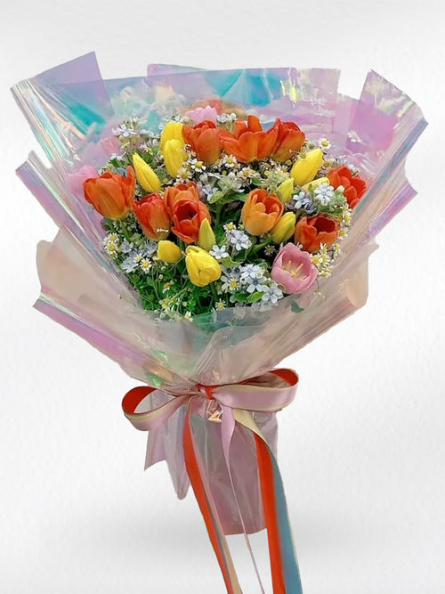 Aurora Garden – 20 Mixed Tulips with Tiny Flowers Bouquet - BestBloomBuddy