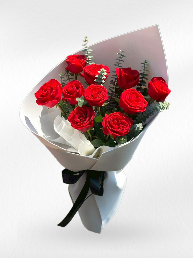 True Love – 10 Red Roses Bouquet (White Wrap) - BestBloomBuddy