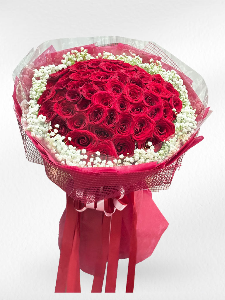 Love’s Flame - 50 Red Roses Bouquet - BestBloomBuddy
