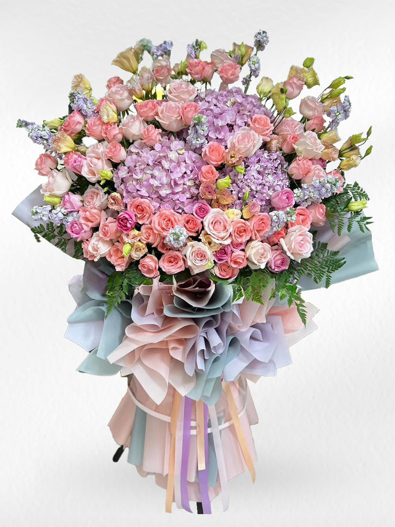 Pastel Blossom Dream Grand Opening flower stand by BestBloomBuddy with soft pastel blooms and elegant festive arrangement