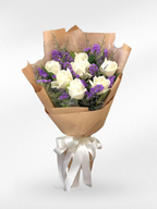 Cozy White – 7 White Roses with Purple Statice Bouquet - BestBloomBuddy